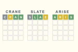 Three Wordle starting word examples: CRANE, SLATE and ARISE